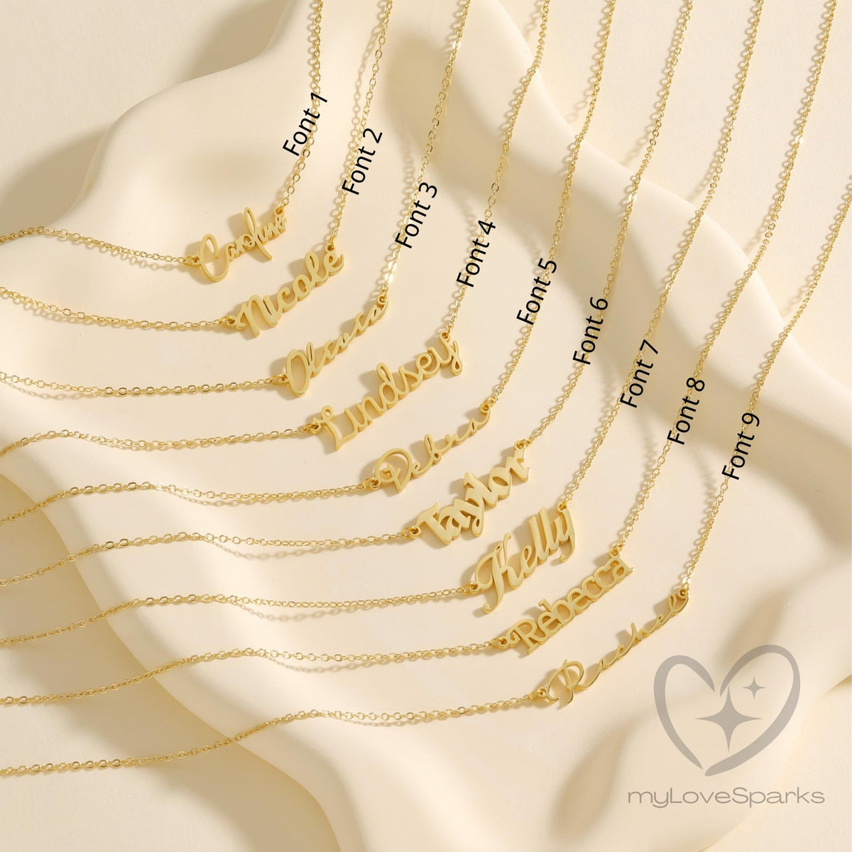 Dainty name necklaces shown in different script fonts