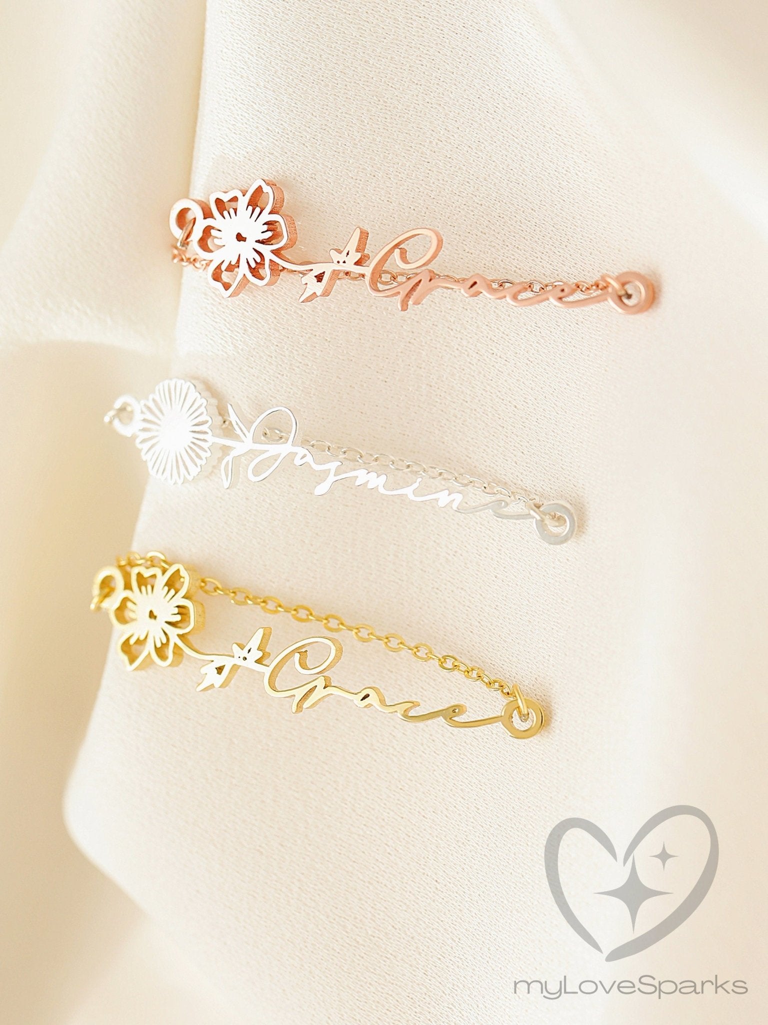 Personalized Name Bracelet with Birth Flower - myLoveSparks Jewelry & GiftsFY
