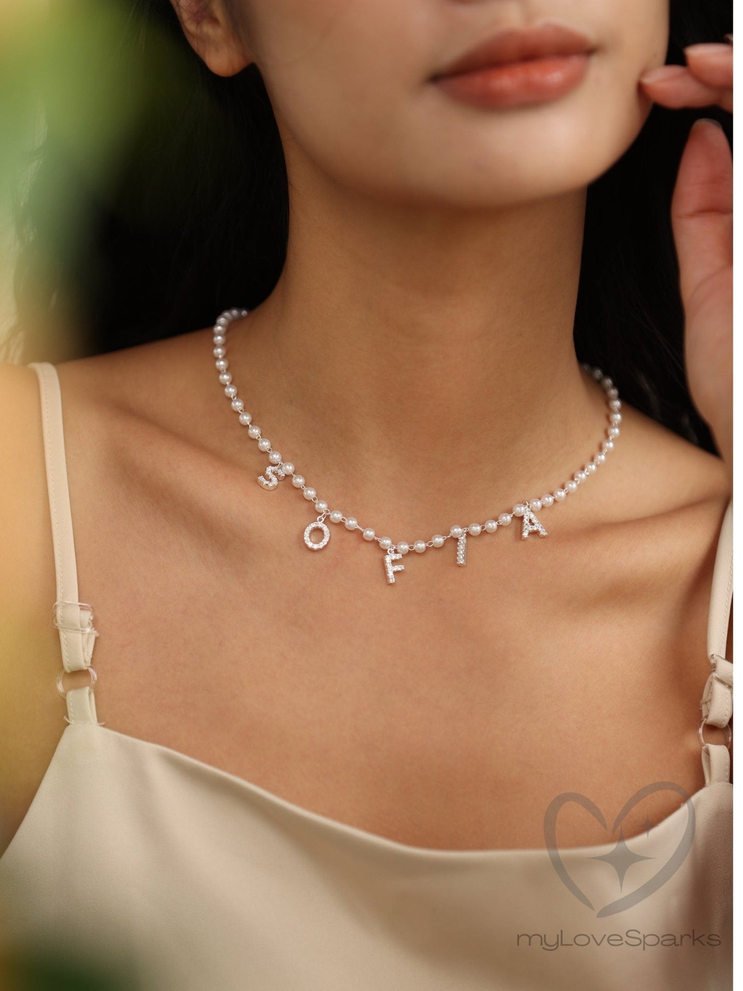 Personalized Pave Letter Diamond Name Necklace with Pearl Chain - myLoveSparks Jewelry & GiftsJHDiamond