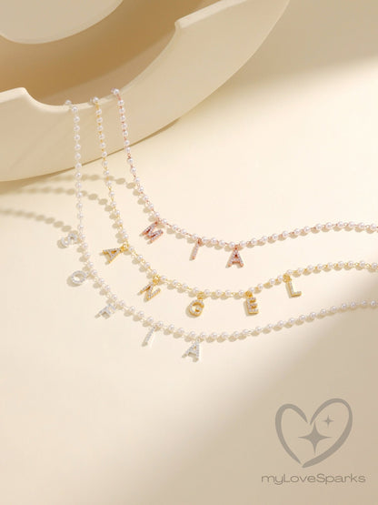 Personalized Pave Letter Diamond Name Necklace with Pearl Chain - myLoveSparks Jewelry & GiftsJHDiamond