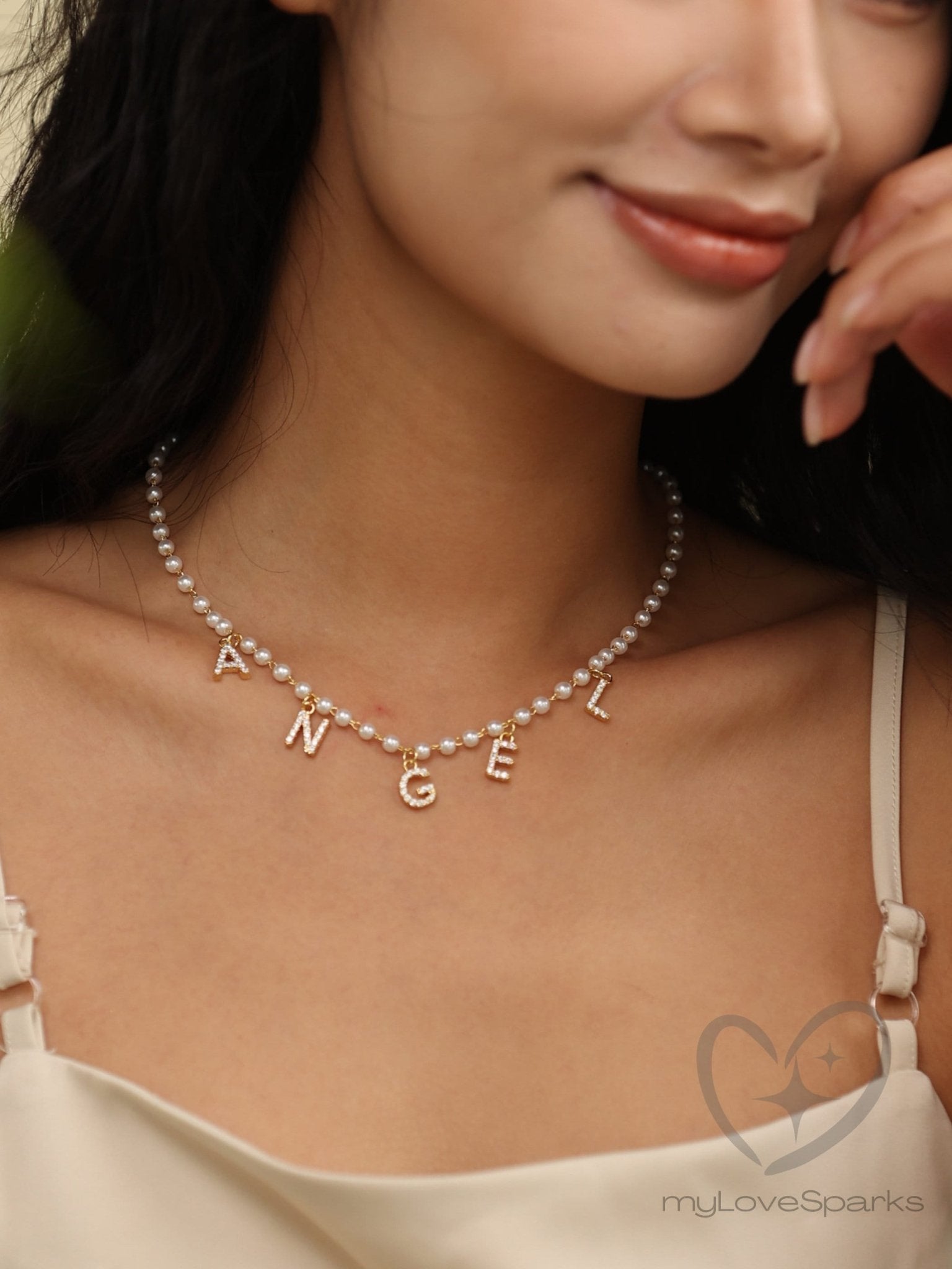 Personalized Pave Letter Diamond Name Necklace with Pearl Chain - myLoveSparks Jewelry & GiftsJHDiamond