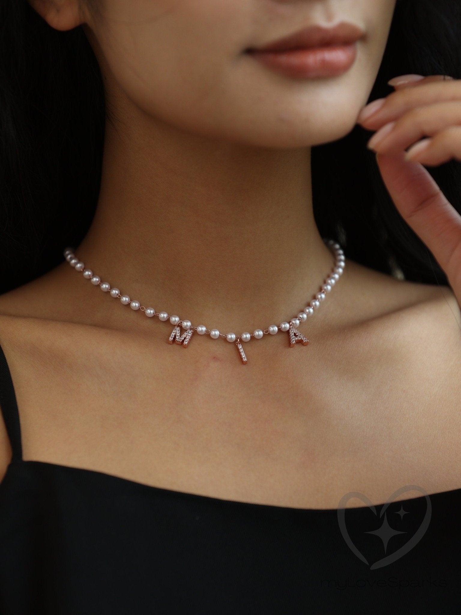 Personalized Pave Letter Diamond Name Necklace with Pearl Chain - myLoveSparks Jewelry & GiftsJHDiamond