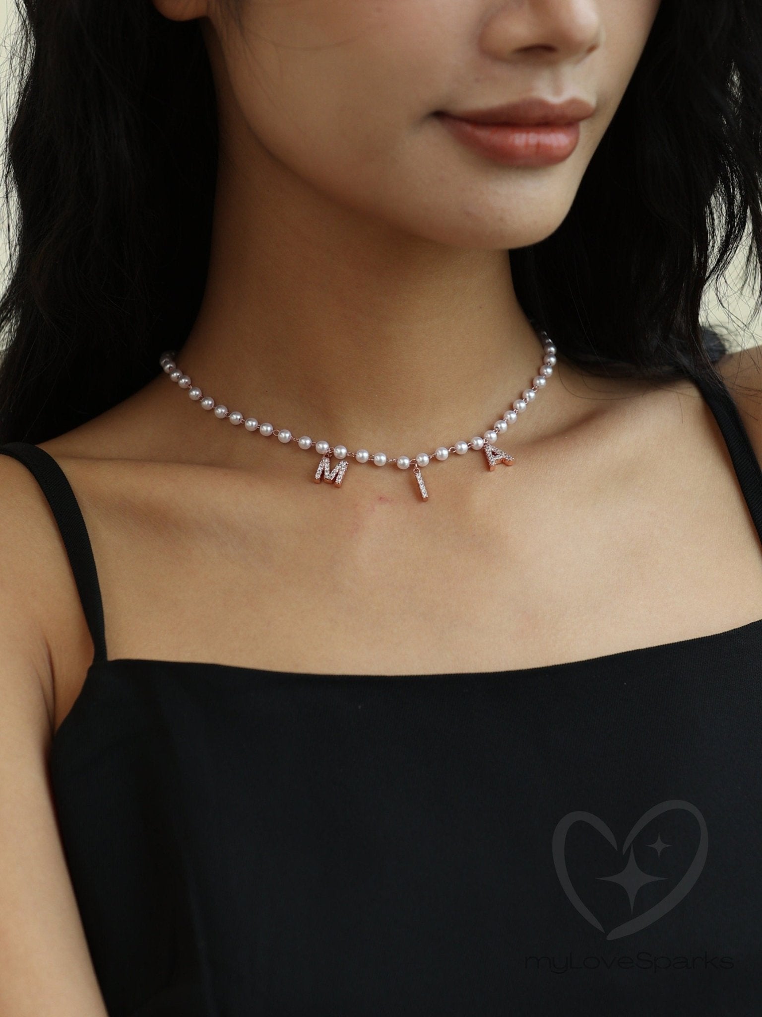 Personalized Pave Letter Diamond Name Necklace with Pearl Chain - myLoveSparks Jewelry & GiftsJHDiamond
