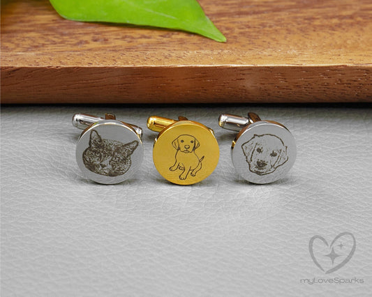 Personalized Pet Portrait Engraved Circle Cufflinks - myLoveSparks Jewelry & Gifts