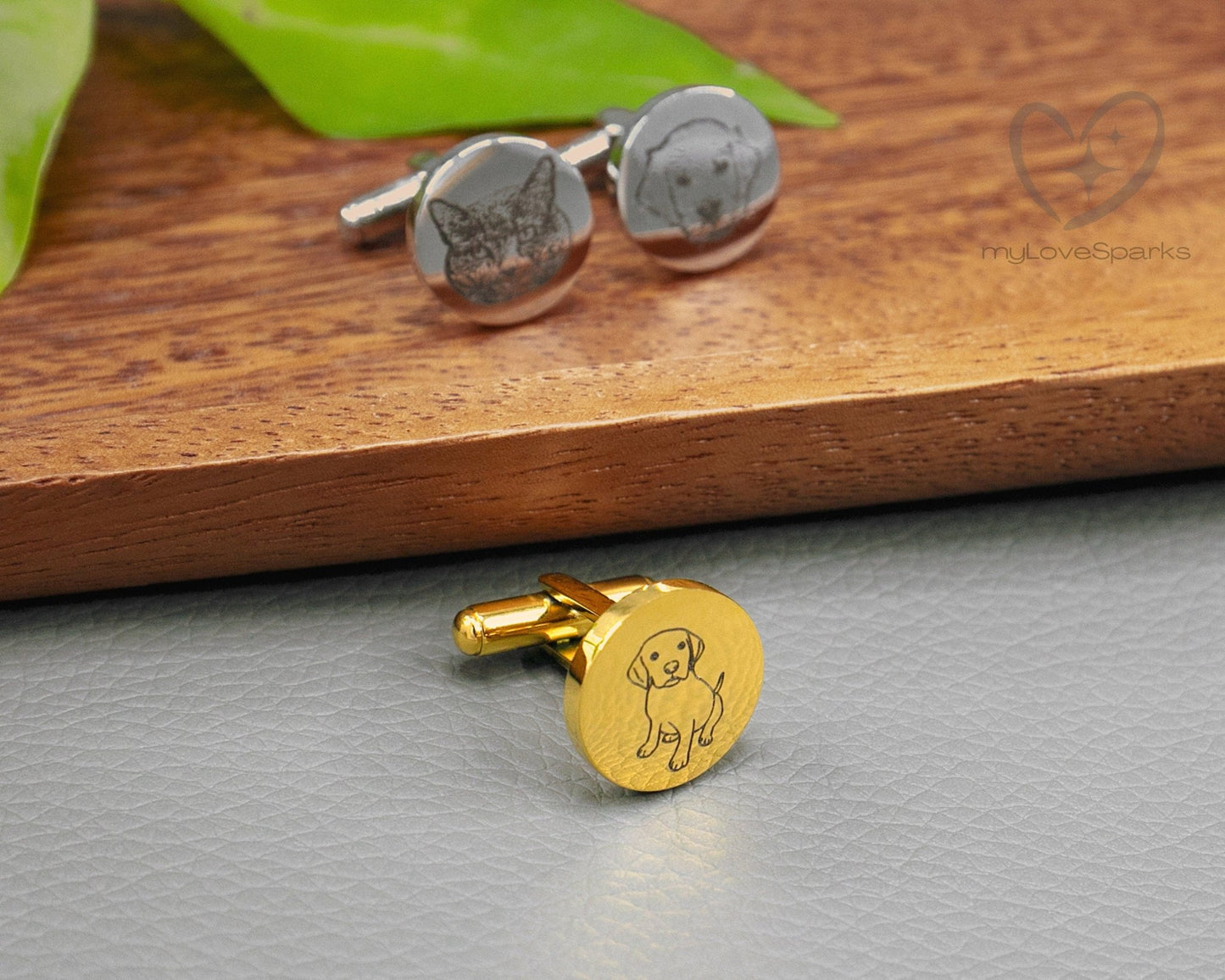 Personalized Pet Portrait Engraved Circle Cufflinks - myLoveSparks Jewelry & Gifts