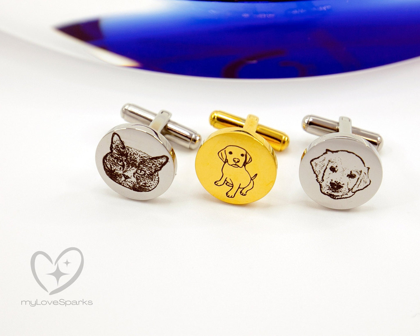 Personalized Pet Portrait Engraved Circle Cufflinks - myLoveSparks Jewelry & Gifts