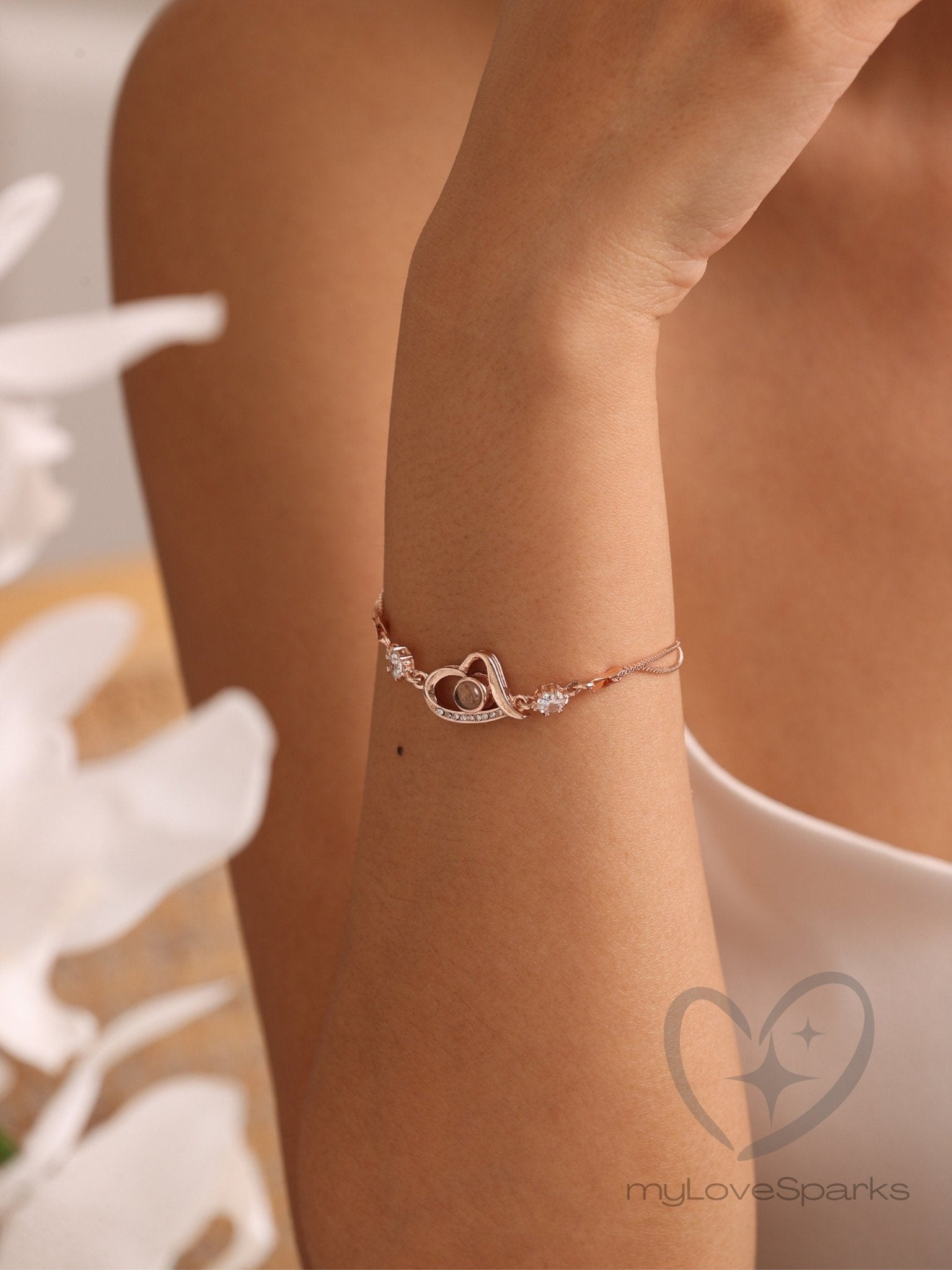 Personalized Projection Photo Heart Bracelet with Embedded Zircons - myLoveSparks Jewelry & GiftsHJ