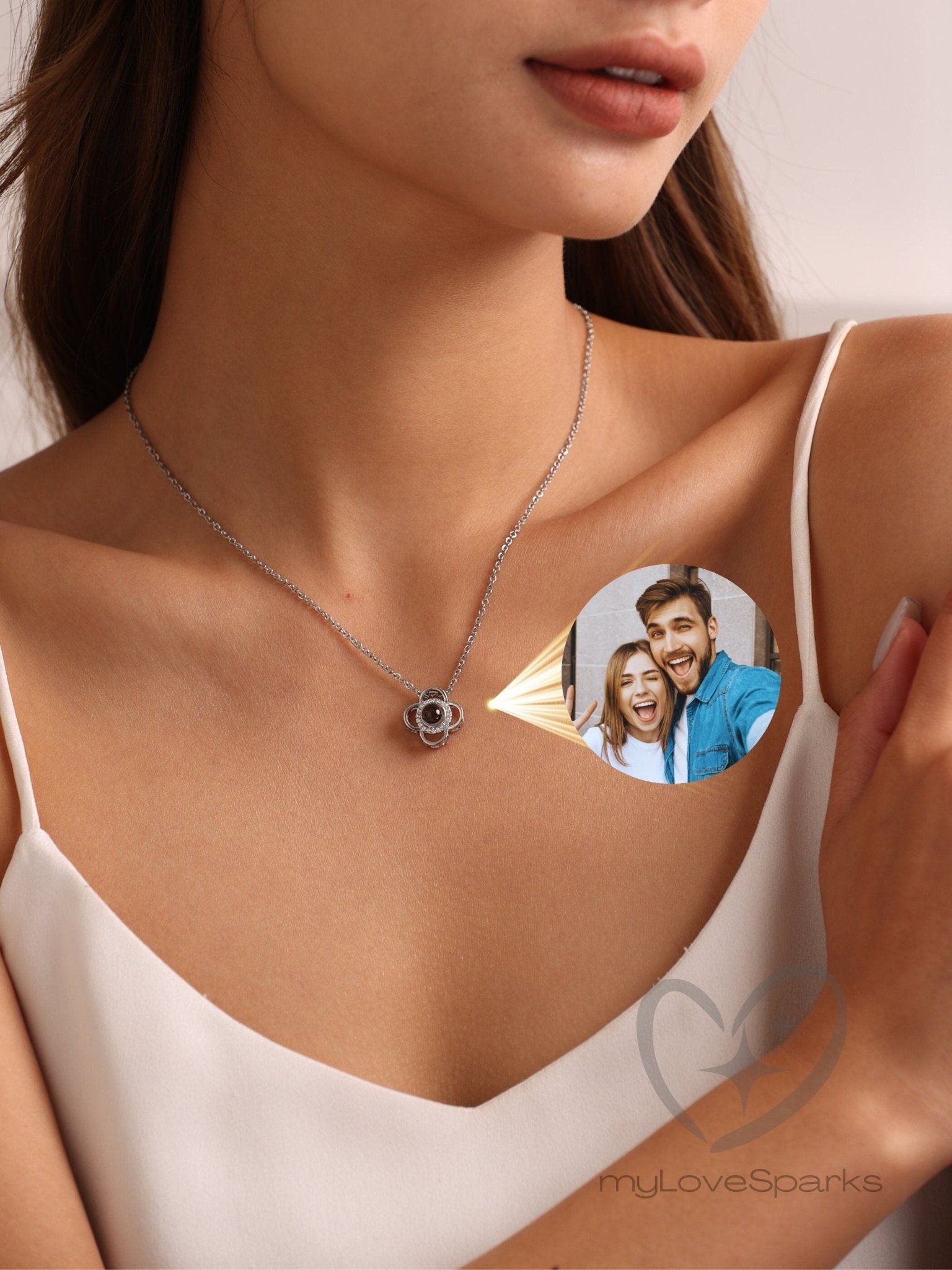 Sparkling Clover Pendant Personalized Projection Necklace with Embedded Picture Inside - myLoveSparks Jewelry & GiftsHJ