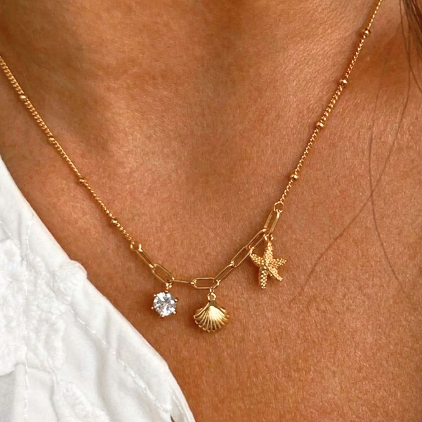 18K Gold Plated Mixed Chain Ocean Charm Necklace • Waterproof Stainless Steel Seashell Starfish Jewelry